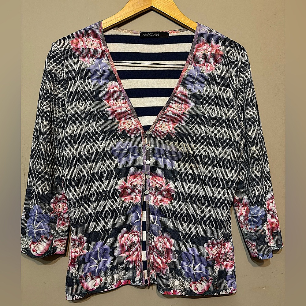 MARC CAIN Cotton Viscose Blend Lightweight Full Zip Floral Cardigan